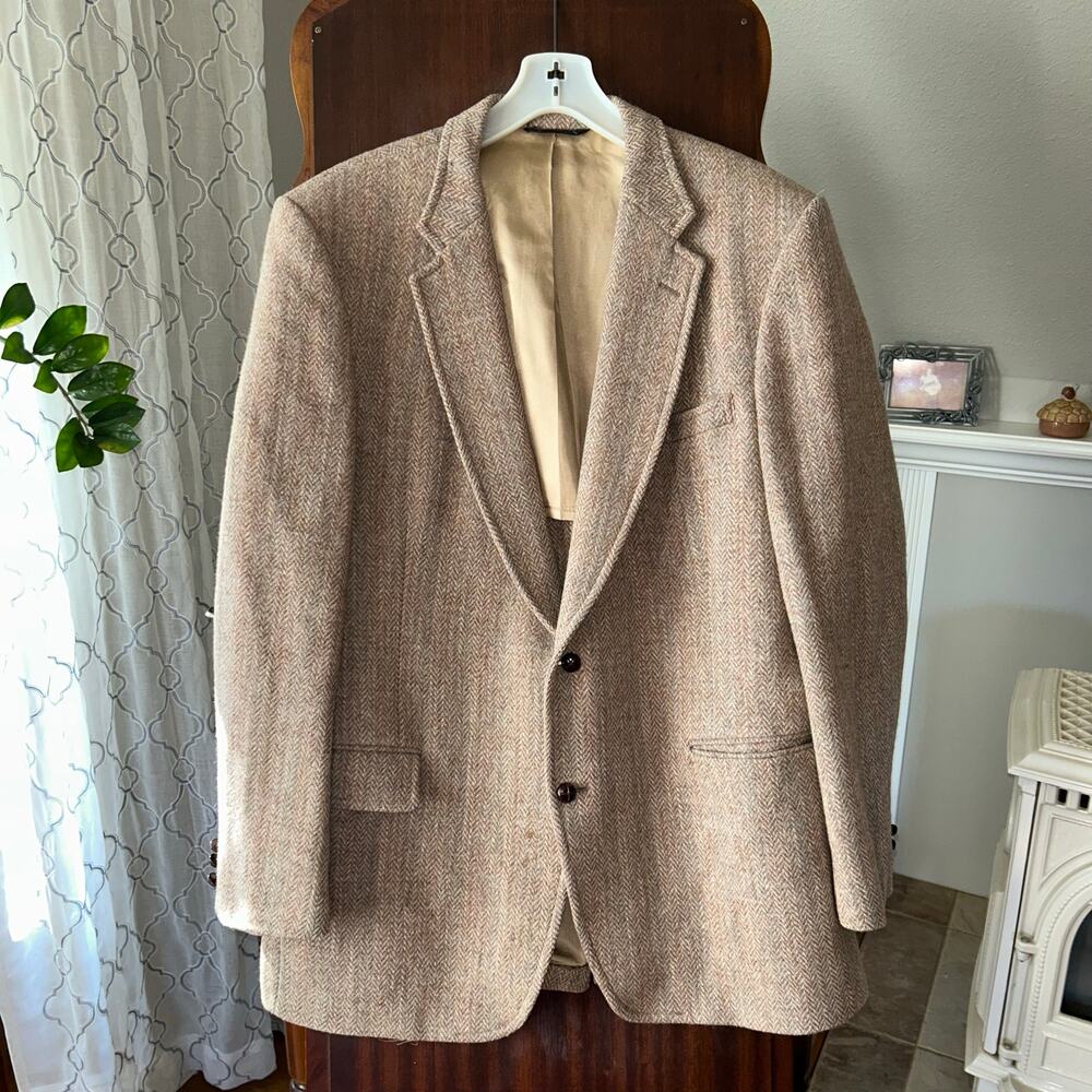 Harris Tweed Mens Grey Herringbone Wool Blazer Sport Coat Handwoven Scotland 44R